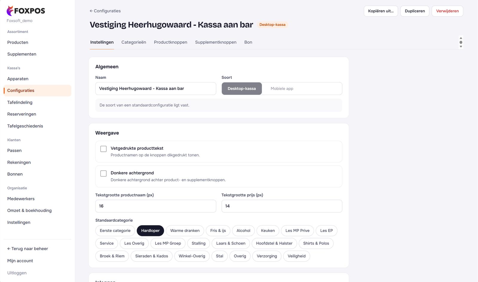 Het tabblad Instellingen van een configuratie