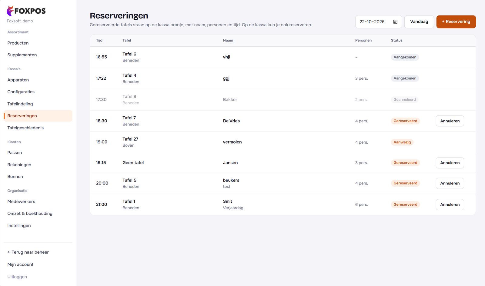 Reserveringen in de backoffice