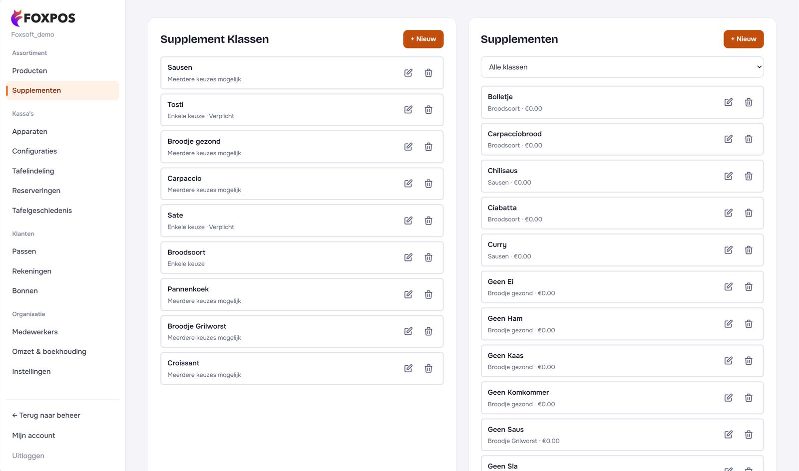 Supplement klassen en supplementen in de backoffice